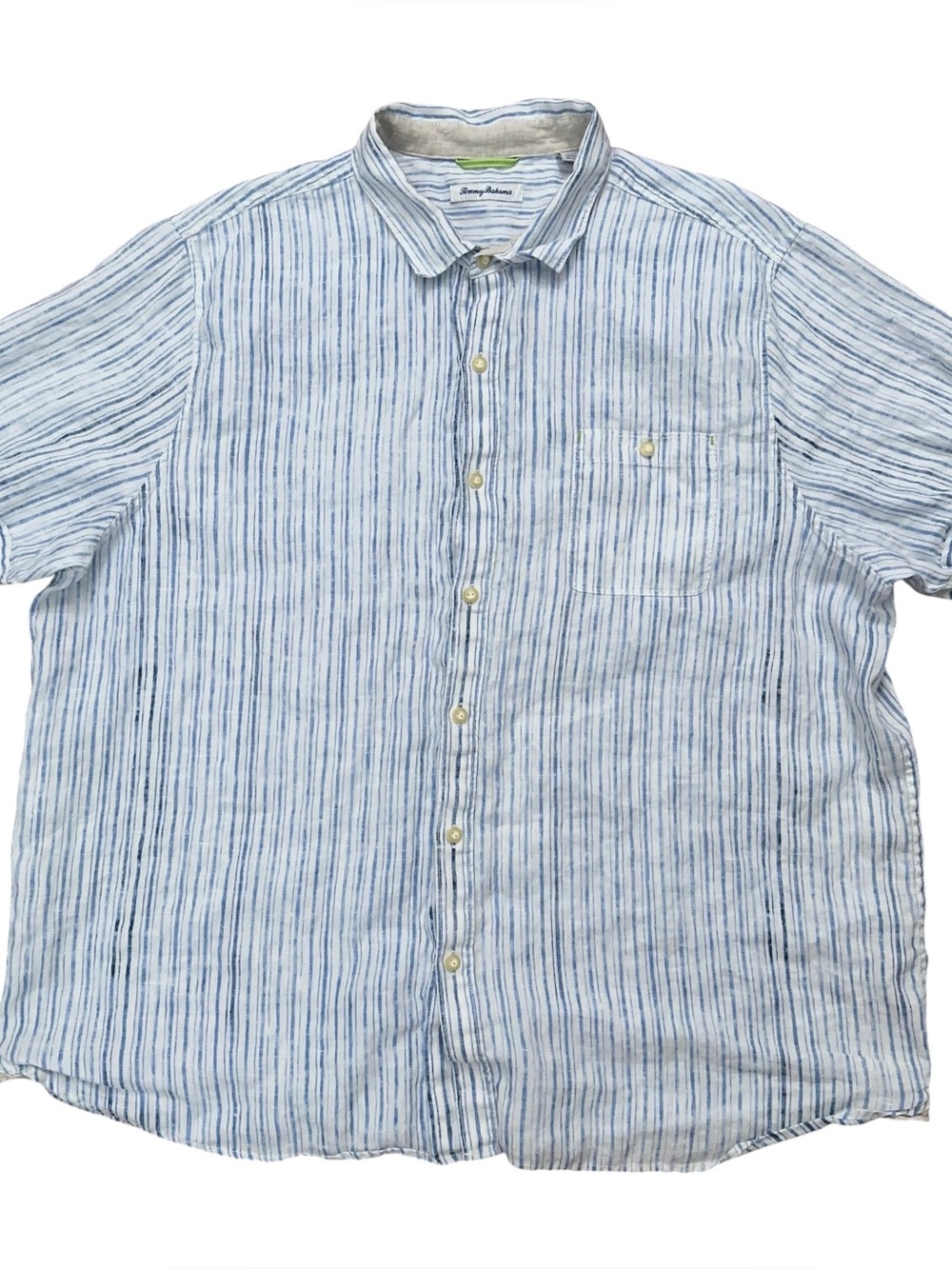 Tommy Bahama Shirt Mens Size 3XL Short Sleeve 100% Linen Pocket Blue Striped